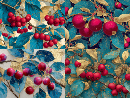 新艺术风格白色 morella rubra lour的果实和树枝，调色板是深红色和金色，霓虹洋红色和青色叶子带有金色点缀，