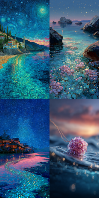 色彩曲线、圆点、维多利安、梵高、超高清、精细细节、清水、漂浮在海中的串珠项链、光影、蓝色、粉色，文森特、梵高、中国风、天空发光、星星入梦、超高清，精细细节，
