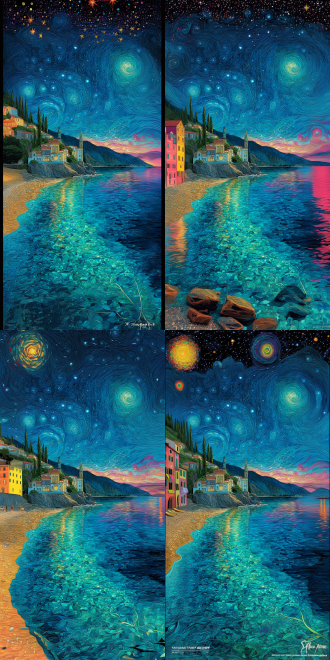 色彩曲线、圆点、维多利安、梵高、超高清、精细细节、清水、漂浮在海中的串珠项链、光影、蓝色、粉色，文森特、梵高、中国风、天空发光、星星入梦、超高清，精细细节，