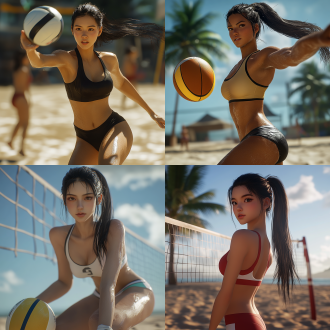 东方女性为主角，沙滩排球女选手，有强烈的光影对比，沙滩，沙滩排球，凸显大腿细节，扎着黑色的长马尾辫，画面充满奢华与动感，unreal engine 5，
