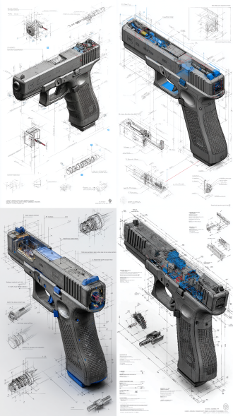 a highly detailed blueprint illustration of a game-ready low-poly glock 17 gen 5, centered in an isometric 3d perspective. rendered in precise pencil sketch style with mechanical accuracy, annotated with dimension lines and technical labels. the firearm features simplified polygonal geometry while retaining core design fidelity, including slide serrations, magazine release, barrel block, trigger group, and modular grip texture. color accents in deep matte black highlight key components: the polymer frame (#1a1a1a), the steel slide (#3c3c3c), and minor blue notes (#2a4f7a) marking safety zones and tactical rail. around the main diagram are inset technical drawings of the internal mechanism: firing pin system, slide lock, recoil spring, magazine feed path, and exploded view of disassembly sequence. the entire layout is placed on a clean white drafting canvas,.8k