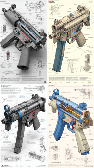 a highly detailed blueprint illustration of a game-ready low-poly mp5 gen 5, centered in an isometric 3d perspective. rendered in precise pencil sketch style with mechanical accuracy, annotated with dimension lines and technical labels. the firearm features simplified polygonal geometry while retaining core design fidelity, including slide serrations, magazine release, barrel block, trigger group, and modular grip texture. color accents in deep matte black highlight key components: the polymer frame (#1a1a1a), the steel slide (#3c3c3c), and minor blue notes (#2a4f7a) marking safety zones and tactical rail. around the main diagram are inset technical drawings of the internal mechanism: firing pin system, slide lock, recoil spring, magazine feed path, and exploded view of disassembly sequence. the entire layout is placed on a clean white drafting canvas,.8k