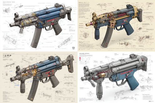 a highly detailed blueprint illustration of a game-ready low-poly mp5 gen 5, centered in an isometric 3d perspective. rendered in precise pencil sketch style with mechanical accuracy, annotated with dimension lines and technical labels. the firearm features simplified polygonal geometry while retaining core design fidelity, including slide serrations, magazine release, barrel block, trigger group, and modular grip texture. color accents in deep matte black highlight key components: the polymer frame (#1a1a1a), the steel slide (#3c3c3c), and minor blue notes (#2a4f7a) marking safety zones and tactical rail. around the main diagram are inset technical drawings of the internal mechanism: firing pin system, slide lock, recoil spring, magazine feed path, and exploded view of disassembly sequence. the entire layout is placed on a clean white drafting canvas,.8k
