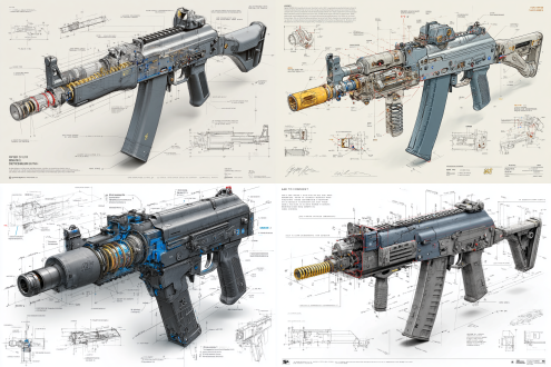 a highly detailed blueprint illustration of a game-ready low-poly ak5c gen 5, centered in an isometric 3d perspective. rendered in precise pencil sketch style with mechanical accuracy, annotated with dimension lines and technical labels. the firearm features simplified polygonal geometry while retaining core design fidelity, including slide serrations, magazine release, barrel block, trigger group, and modular grip texture. color accents in deep matte black highlight key components: the polymer frame (#1a1a1a), the steel slide (#3c3c3c), and minor blue notes (#2a4f7a) marking safety zones and tactical rail. around the main diagram are inset technical drawings of the internal mechanism: firing pin system, slide lock, recoil spring, magazine feed path, and exploded view of disassembly sequence. the entire layout is placed on a clean white drafting canvas,.8k