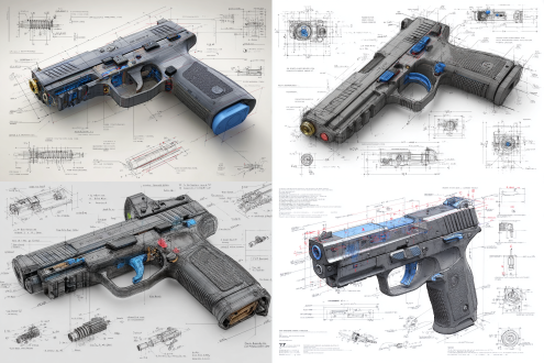 a highly detailed blueprint illustration of a game-ready low-poly fn57 gen 5, centered in an isometric 3d perspective. rendered in precise pencil sketch style with mechanical accuracy, annotated with dimension lines and technical labels. the firearm features simplified polygonal geometry while retaining core design fidelity, including slide serrations, magazine release, barrel block, trigger group, and modular grip texture. color accents in deep matte black highlight key components: the polymer frame (#1a1a1a), the steel slide (#3c3c3c), and minor blue notes (#2a4f7a) marking safety zones and tactical rail. around the main diagram are inset technical drawings of the internal mechanism: firing pin system, slide lock, recoil spring, magazine feed path, and exploded view of disassembly sequence. the entire layout is placed on a clean white drafting canvas,.8k
