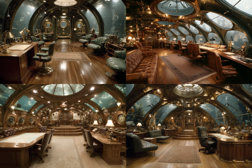 海底两万里，鹦鹉螺号驾驶舱，宽敞，豪华，船长座椅，船员座椅，办公桌上有台灯地图，明亮，上下两层地板，圆形玻璃窗，地毯，对称构图，长焦镜头，慢快门，