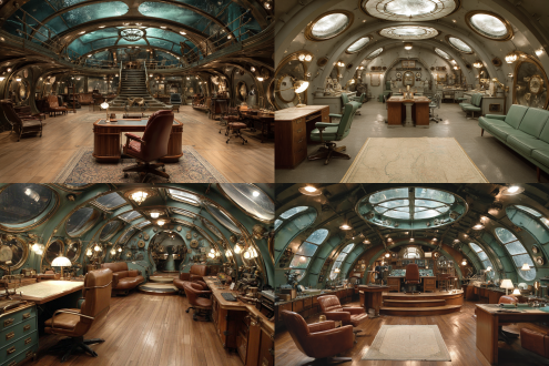 海底两万里，鹦鹉螺号驾驶舱，宽敞，船长座椅，船员座椅，办公桌上有台灯地图，明亮，上下两层地板，圆形玻璃窗，地毯，对称构图，长焦镜头，慢快门，