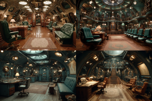 海底两万里，鹦鹉螺号驾驶舱，宽敞，船长座椅，船员座椅，办公桌上有台灯地图，明亮，上下两层地板，地毯，对称构图，长焦镜头，慢快门，