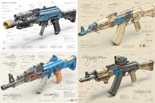 a highly detailed blueprint illustration of a game-ready low-poly ak74u gen 5, centered in an isometric 3d perspective. rendered in precise pencil sketch style with mechanical accuracy, annotated with dimension lines and technical labels. the firearm features simplified polygonal geometry while retaining core design fidelity, including slide serrations, magazine release, barrel block, trigger group, and modular grip texture. color accents in deep matte black highlight key components: the polymer frame (#1a1a1a), the steel slide (#3c3c3c), and minor blue notes (#2a4f7a) marking safety zones and tactical rail. around the main diagram are inset technical drawings of the internal mechanism: firing pin system, slide lock, recoil spring, magazine feed path, and exploded view of disassembly sequence. the entire layout is placed on a clean white drafting canvas.