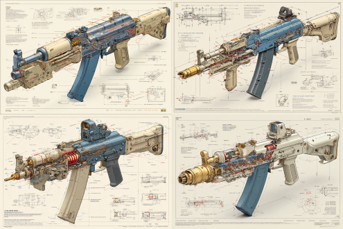 a highly detailed blueprint illustration of a game-ready low-poly ak74u gen 5, centered in an isometric 3d perspective. rendered in precise pencil sketch style with mechanical accuracy, annotated with dimension lines and technical labels. the firearm features simplified polygonal geometry while retaining core design fidelity, including slide serrations, magazine release, barrel block, trigger group, and modular grip texture. color accents in deep matte black highlight key components: the polymer frame (#1a1a1a), the steel slide (#3c3c3c), and minor blue notes (#2a4f7a) marking safety zones and tactical rail. around the main diagram are inset technical drawings of the internal mechanism: firing pin system, slide lock, recoil spring, magazine feed path, and exploded view of disassembly sequence. the entire layout is placed on a clean white drafting canvas.