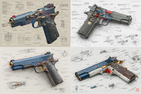 a highly detailed blueprint illustration of a game-ready low-poly m1911 , centered in an isometric 3d perspective. rendered in precise pencil sketch style with mechanical accuracy, annotated with dimension lines and technical labels. the firearm features simplified polygonal geometry while retaining core design fidelity, including slide serrations, magazine release, barrel block, trigger group, and modular grip texture. color accents in deep matte black highlight key components: the polymer frame (#1a1a1a), the steel slide (#3c3c3c), and minor blue notes (#2a4f7a) marking safety zones and tactical rail. around the main diagram are inset technical drawings of the internal mechanism: firing pin system, slide lock, recoil spring, magazine feed path, and exploded view of disassembly sequence. the entire layout is placed on a clean white drafting canvas.