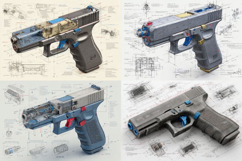 a highly detailed blueprint illustration of a game-ready low-poly glock 19 , centered in an isometric 3d perspective. rendered in precise pencil sketch style with mechanical accuracy, annotated with dimension lines and technical labels. the firearm features simplified polygonal geometry while retaining core design fidelity, including slide serrations, magazine release, barrel block, trigger group, and modular grip texture. color accents in deep matte black highlight key components: the polymer frame (#1a1a1a), the steel slide (#3c3c3c), and minor blue notes (#2a4f7a) marking safety zones and tactical rail. around the main diagram are inset technical drawings of the internal mechanism: firing pin system, slide lock, recoil spring, magazine feed path, and exploded view of disassembly sequence. the entire layout is placed on a clean white drafting canvas.