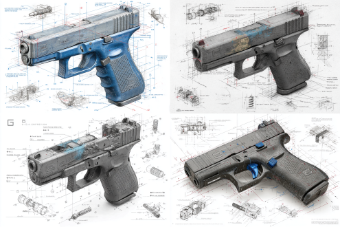 a highly detailed blueprint illustration of a game-ready low-poly glock 43 , centered in an isometric 3d perspective. rendered in precise pencil sketch style with mechanical accuracy, annotated with dimension lines and technical labels. the firearm features simplified polygonal geometry while retaining core design fidelity, including slide serrations, magazine release, barrel block, trigger group, and modular grip texture. color accents in deep matte black highlight key components: the polymer frame (#1a1a1a), the steel slide (#3c3c3c), and minor blue notes (#2a4f7a) marking safety zones and tactical rail. around the main diagram are inset technical drawings of the internal mechanism: firing pin system, slide lock, recoil spring, magazine feed path, and exploded view of disassembly sequence. the entire layout is placed on a clean white drafting canvas.