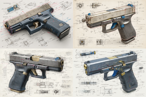 a highly detailed blueprint illustration of a game-ready low-poly glock 43 gen 5 , centered in an isometric 3d perspective. rendered in precise pencil sketch style with mechanical accuracy, annotated with dimension lines and technical labels. the firearm features simplified polygonal geometry while retaining core design fidelity, including slide serrations, magazine release, barrel block, trigger group, and modular grip texture. color accents in deep matte black highlight key components: the polymer frame (#1a1a1a), the steel slide (#3c3c3c), and minor blue notes (#2a4f7a) marking safety zones and tactical rail. around the main diagram are inset technical drawings of the internal mechanism: firing pin system, slide lock, recoil spring, magazine feed path, and exploded view of disassembly sequence. the entire layout is placed on a clean white drafting canvas.