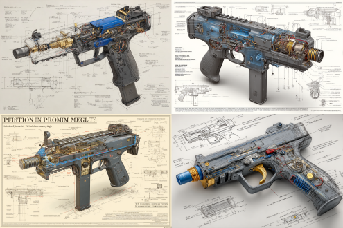 tec-9 的高度详细的蓝图插图，以等距 3d 透视图为中心。以精确的铅笔素描样式渲染，具有机械精度，并带有尺寸线和技术标签注释。该枪支具有简化的多边形几何形状，同时保留了核心设计的保真度，包括滑动锯齿、弹匣释放、枪管块、扳机组和模块化握把纹理。深哑光黑色的色彩点缀突出了关键部件：聚合物框架 （#1a1a1a）、钢滑轨 （#3c3c3c） 和标记安全区和战术导轨的蓝色小调 （#2a4f7a）。主图周围是内部机构的嵌入式技术图纸：撞针系统、滑锁、反冲弹簧、弹匣进给路径和拆卸顺序的爆炸图。整个布局放置在干净的白色绘图画布上。