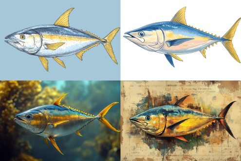 黄鳍金枪鱼，插画风格，带有文字科普，