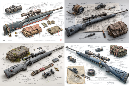 a concept sketch of a game-ready hunting rifle v2, ultra-detailed 3d rendering on a pure white background. the main firearm is rendered in wide-angle perspective, showcasing matte black synthetic stock, bolt-action receiver, precision scope mount, and ventilated barrel. surrounding the central render are exploded views of the scope optics, magazine mechanism, sling attachment points, and trigger assembly each annotated with fine lines, handwritten notes, and metric measurements. the composition features a compact hunter's loadout triangle: rifle, cartridge case, and field tool pouch. a weathered leather ammo belt and collapsible bipod are displayed nearby, evoking rugged terrain readiness