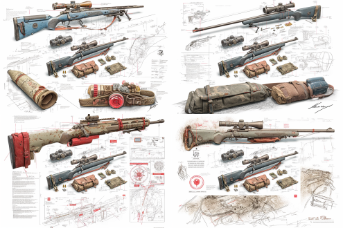 a concept sketch of a game-ready hunting rifle v2, ultra-detailed 3d rendering on a pure white background. the main firearm is rendered in wide-angle perspective, showcasing matte black synthetic stock, bolt-action receiver, precision scope mount, and ventilated barrel. surrounding the central render are exploded views of the scope optics, magazine mechanism, sling attachment points, and trigger assembly each annotated with fine lines, handwritten notes, and metric measurements. the composition features a compact hunter's loadout triangle: rifle, cartridge case, and field tool pouch. a weathered leather ammo belt and collapsible bipod are displayed nearby, evoking rugged terrain readiness