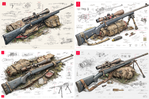 a concept sketch of a game-ready hunting rifle v2, ultra-detailed 3d rendering on a pure white background. the main firearm is rendered in wide-angle perspective, showcasing matte black synthetic stock, bolt-action receiver, precision scope mount, and ventilated barrel. surrounding the central render are exploded views of the scope optics, magazine mechanism, sling attachment points, and trigger assembly each annotated with fine lines, handwritten notes, and metric measurements. the composition features a compact hunter's loadout triangle: rifle, cartridge case, and field tool pouch. a weathered leather ammo belt and collapsible bipod are displayed nearby, evoking rugged terrain readiness