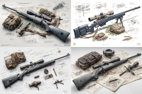 a concept sketch of a game-ready hunting rifle v2, ultra-detailed 3d rendering on a pure white background. the main firearm is rendered in wide-angle perspective, showcasing matte black synthetic stock, bolt-action receiver, precision scope mount, and ventilated barrel. surrounding the central render are exploded views of the scope optics, magazine mechanism, sling attachment points, and trigger assembly each annotated with fine lines, handwritten notes, and metric measurements. the composition features a compact hunter's loadout triangle: rifle, cartridge case, and field tool pouch. a weathered leather ammo belt and collapsible bipod are displayed nearby, evoking rugged terrain readiness