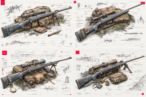 a concept sketch of a game-ready hunting rifle v2, ultra-detailed 3d rendering on a pure white background. the main firearm is rendered in wide-angle perspective, showcasing matte black synthetic stock, bolt-action receiver, precision scope mount, and ventilated barrel. surrounding the central render are exploded views of the scope optics, magazine mechanism, sling attachment points, and trigger assembly each annotated with fine lines, handwritten notes, and metric measurements. the composition features a compact hunter's loadout triangle: rifle, cartridge case, and field tool pouch. a weathered leather ammo belt and collapsible bipod are displayed nearby, evoking rugged terrain readiness