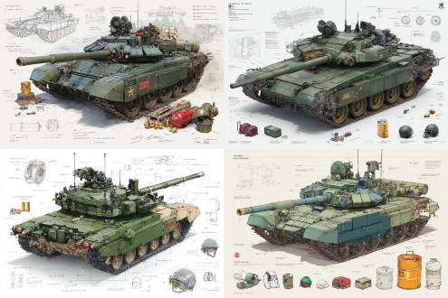 a design blueprint sketch of a t-84 oplot main battle tank in a dynamic battlefield scene, with a 3d-rendered tank as the central subject placed on a pure white background. key design cues include the angular composite armor, reactive armor blocks, dark olive-green hull, imposing 125mm smoothbore gun, smoke grenade launchers, and advanced optics on the turret. surrounding the main render are exploded views of road wheels, tracks, era tiles, tank crew helmet, spare fuel drums, and ammunition