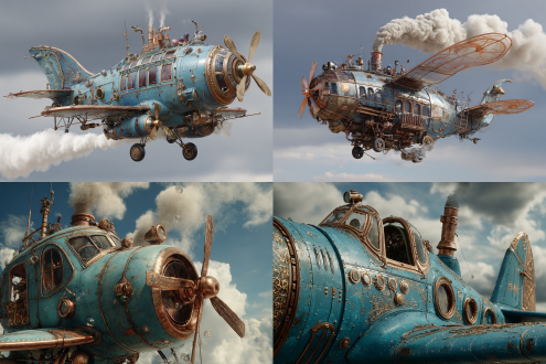 ggs,the bronze propeller spins rapidly,driving the chain and gears to make clicking sounds. the wing skin is dotted with rivets and rust,entwined with steam pipes. the cockpit is inlaid with stained glass,the chimney emits thick smoke,and the tail fin is adorned with engraved copper plates,as if integrating the mechanical aesthetics of the victorian era into the blue sky.,