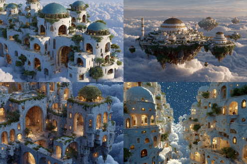 ggs,above the clouds, the sky city laputa is suspended in golden evening glow. between the moss-covered white stone walls, gears and pipes quietly mesh, and broken domes let out points of starlight. great flying stones emit a gentle blue light from the core tower, and dandelion clusters peek out from the cracks in the city walls, carried by the through wind across the suspended gardens, falling into the surging cloud sea below, like an eternal golden snowfall.