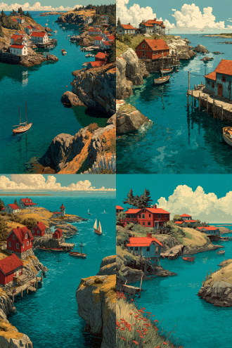 this illustration synthesizes monhegan island's documented landscapes and cultural essence with your stylistic directives. the harbor showcases red-roofed wooden structures like the historic island inn, where lobster docks bustle below cliffs housing seabird colonies. figures in oilskins and knitwear reflect local traditions, while artists' studios nod to the island's creative legacy. leyendecker-inspired precision defines the townsfolk's postures, while ghailan's warmth radiates through golden-hour lighting on clapboard walls and azure waters. sailboats reference samuel triscott's coastal paintings, and the flat teal background focuses attention on intricate details-cracked buoys, wild lupines, and rope-coiled piers.