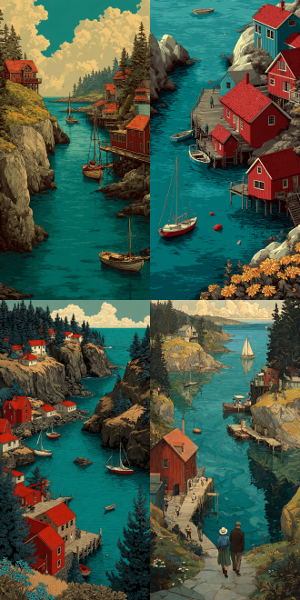 this illustration synthesizes monhegan island's documented landscapes and cultural essence with your stylistic directives. the harbor showcases red-roofed wooden structures like the historic island inn, where lobster docks bustle below cliffs housing seabird colonies. figures in oilskins and knitwear reflect local traditions, while artists' studios nod to the island's creative legacy. leyendecker-inspired precision defines the townsfolk's postures, while ghailan's warmth radiates through golden-hour lighting on clapboard walls and azure waters. sailboats reference samuel triscott's coastal paintings, and the flat teal background focuses attention on intricate details-cracked buoys, wild lupines, and rope-coiled piers.