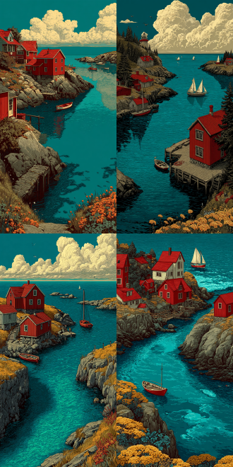 this illustration synthesizes monhegan island's documented landscapes and cultural essence with your stylistic directives. the harbor showcases red-roofed wooden structures like the historic island inn, where lobster docks bustle below cliffs housing seabird colonies. figures in oilskins and knitwear reflect local traditions, while artists' studios nod to the island's creative legacy. leyendecker-inspired precision defines the townsfolk's postures, while ghailan's warmth radiates through golden-hour lighting on clapboard walls and azure waters. sailboats reference samuel triscott's coastal paintings, and the flat teal background focuses attention on intricate details-cracked buoys, wild lupines, and rope-coiled piers.32k,