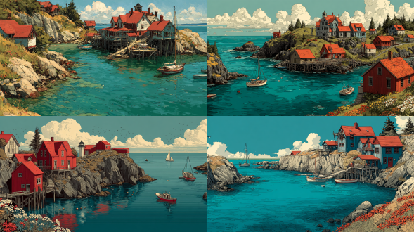 this illustration synthesizes monhegan island's documented landscapes and cultural essence with your stylistic directives. the harbor showcases red-roofed wooden structures like the historic island inn, where lobster docks bustle below cliffs housing seabird colonies. figures in oilskins and knitwear reflect local traditions, while artists' studios nod to the island's creative legacy. leyendecker-inspired precision defines the townsfolk's postures, while ghailan's warmth radiates through golden-hour lighting on clapboard walls and azure waters. sailboats reference samuel triscott's coastal paintings, and the flat teal background focuses attention on intricate details-cracked buoys, wild lupines, centaurea cyanus l,and rope-coiled piers.32k,