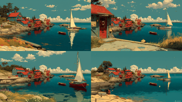 this illustration synthesizes monhegan island's documented landscapes and cultural essence with your stylistic directives. the harbor showcases red-roofed wooden structures like the historic island inn, where lobster docks bustle below cliffs housing seabird colonies. figures in oilskins and knitwear reflect local traditions, while artists' studios nod to the island's creative legacy. leyendecker-inspired precision defines the townsfolk's postures, while ghailan's warmth radiates through golden-hour lighting on clapboard walls and azure waters. sailboats reference samuel triscott's coastal paintings, and the flat teal background focuses attention on intricate details-cracked buoys, wild lupines, centaurea cyanus l,and rope-coiled piers.32k,