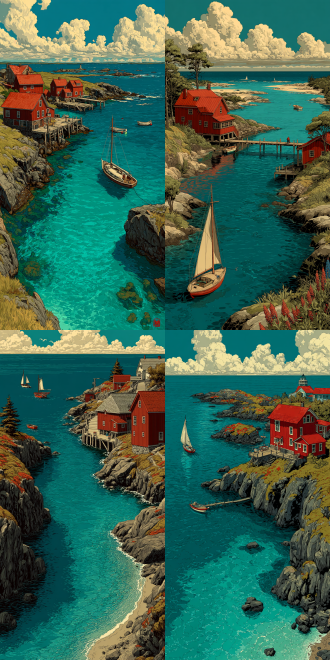this illustration synthesizes monhegan island's documented landscapes and cultural essence with your stylistic directives. the harbor showcases red-roofed wooden structures like the historic island inn, where lobster docks bustle below cliffs housing seabird colonies. figures in oilskins and knitwear reflect local traditions, while artists' studios nod to the island's creative legacy. leyendecker-inspired precision defines the townsfolk's postures, while ghailan's warmth radiates through golden-hour lighting on clapboard walls and azure waters. sailboats reference samuel triscott's coastal paintings, and the flat teal background focuses attention on intricate details-cracked buoys, wild lupines, centaurea cyanus l,papaver rhoeas l,and rope-coiled piers.32k,