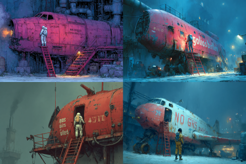 bluepunk,a digital illustration depicts a lone astronaut in a spacesuit standing on a red ladder,facing a dilapidated spaceship with "no girls no bullets" written on its side. the background is a dark,industrial setting with smoke and pipes,creating a gritty atmosphere. the lighting is dim,casting shadows and highlighting the spaceship's rusted textures. the composition uses leading lines,drawing the eye towards the astronaut and spaceship. the background is in focus,adding depth.,8k