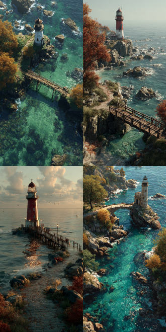 masterpiece, best quality, (from above:1.5), (seaside,autumn,:1.2), wide sea,horizon,there is a small lighthouse on the small bridge, no people,nobody, very detailed , realistic details , light particle effect, excellent work, extremely elaborate picture description,8k wallpaper, obvious light and shadow effects, ray tracing, obvious layers, depth of field, best quality,