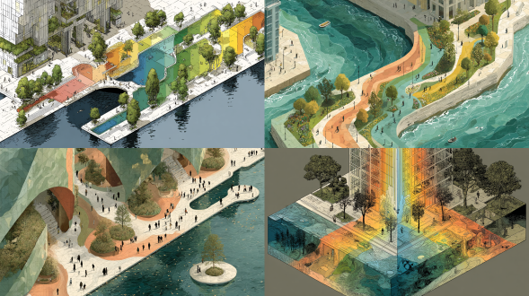 the color palette combines loish's characteristic peach/cobalt gradients with ecological accents: moss-green infrastructure, solar-panel amber, and coral-pink bioluminescence. key innovations include: kinetic pavement converting foot traffic into algae farm energy. smart glass facades displaying real-time air quality through chromatic shifts. desalination towers disguised as seagull-shaped mist sculptures design philosophy merges ecological functionality with whimsical aesthetics: crossroad dividers bloom with solar-powered flowers, emergency staircases transform into vertical skate parks, and seawater-cooling systems create prismatic vapor clouds. the isometric perspective maximizes detail visibility— from miniature rooftop apiaries to glowing phytoplankton pathways along curbs。