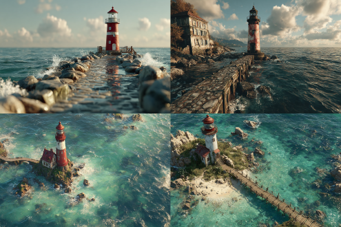 (from above:1.5), (seaside,autumn,:1.2), wide sea,horizon,there is a small lighthouse on the small bridge, no people,nobody, very detailed , realistic details , light particle effect, excellent work, extremely elaborate picture description,8k wallpaper, obvious light and shadow effects, ray tracing, obvious layers, depth of field, best quality,