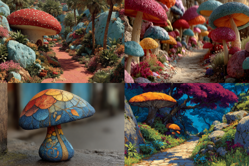 mushroom, jungle, colorful, colored stone, vegetation, road