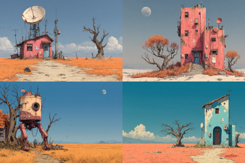 a building is on the plain, technology, machine, sunlight from left to right, outdoor, illustration,sky, desert, autumn, dead trees, no other buildings around,8k.