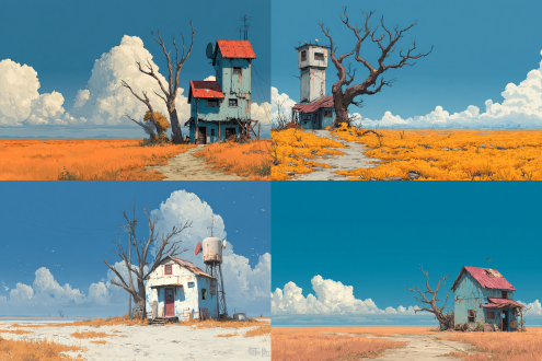 a building is on the plain, technology, machine, sunlight from left to right, outdoor, illustration,sky, desert, autumn, dead trees, no other buildings around,8k.