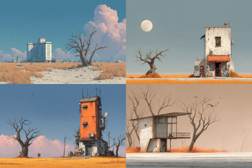 a building is on the plain, technology, machine, sunlight from left to right, outdoor, illustration,sky, desert, autumn, dead trees, no other buildings around,8k.