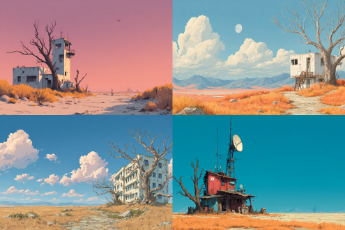 a building is on the plain, technology, machine, sunlight from left to right, outdoor, illustration,sky, desert, autumn, dead trees, no other buildings around,8k.