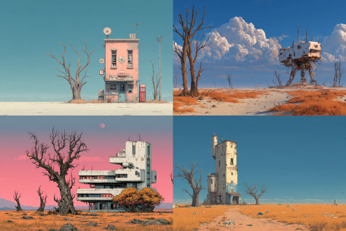 a building is on the plain, technology, machine, sunlight from left to right, outdoor, illustration,sky, desert, autumn, dead trees, no other buildings around,8k.