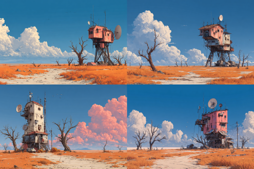 a building is on the plain, technology, machine, sunlight from left to right, outdoor, illustration,sky, desert, autumn, dead trees, no other buildings around,8k.