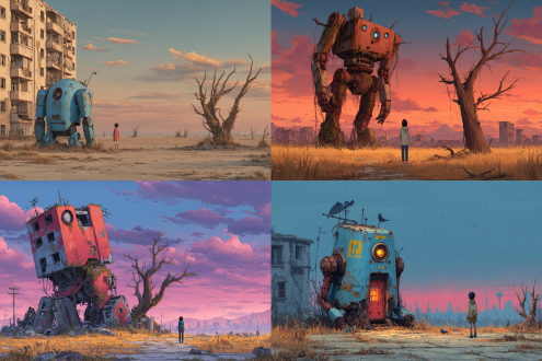 a building is on the plain, technology, machine, sunlight from left to right, outdoor, illustration,sky, desert, autumn, dead trees, no other buildings around,.neon, city, random color robot, dramatic lights, building ruins, dead trees, weeds, a girl standing in the street, dusk,8k