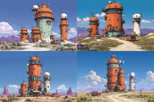 yiciyuanfeitufeng,this is a detailed, digital drawing in a steampunk style, depicting a futuristic, desert landscape with three large, cylindrical, industrial structures, the central structure is the tallest, with multiple orange domes, green and rusted metal surfaces, and numerous pipes and antennas, to the right, a shorter cylindrical tower with a white dome stands, while to the left, a smaller, round structure with a dome is visible, in the foreground, there is a small, rusty truck and a small cart, with sparse desert vegetation and a winding dirt path, the background features a clear, blue sky and distant purple mountains.8k