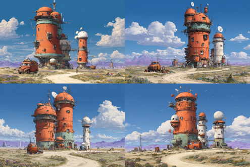 yiciyuanfeitufeng,this is a detailed, digital drawing in a steampunk style, depicting a futuristic, desert landscape with three large, cylindrical, industrial structures, the central structure is the tallest, with multiple orange domes, green and rusted metal surfaces, and numerous pipes and antennas, to the right, a shorter cylindrical tower with a white dome stands, while to the left, a smaller, round structure with a dome is visible, in the foreground, there is a small, rusty truck and a small cart, with sparse desert vegetation and a winding dirt path, the background features a clear, blue sky and distant purple mountains.8k