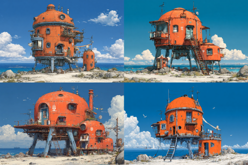 yiciyuanfeitufeng,this is a detailed, digital drawing in a steampunk style, the central subject is an orange, rusted, dome-topped, modular structure resembling a futuristic, elevated house, supported by multiple metal stilts, the structure has multiple windows, some with curtains, and is adorned with various pipes, ladders, and small balconies, a smaller, similar module is attached to the main structure on the right, the background features a clear blue sky with a few clouds and a distant, calm sea, the ground is rocky and sandy, with scattered rocks, the image has a signature in the bottom left corner reading david j, holland