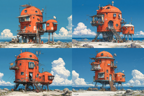 yiciyuanfeitufeng,this is a detailed, digital drawing in a steampunk style, the central subject is an orange, rusted, dome-topped, modular structure resembling a futuristic, elevated house, supported by multiple metal stilts, the structure has multiple windows, some with curtains, and is adorned with various pipes, ladders, and small balconies, a smaller, similar module is attached to the main structure on the right, the background features a clear blue sky with a few clouds and a distant, calm sea, the ground is rocky and sandy, with scattered rocks, the image has a signature in the bottom left corner reading david j, holland